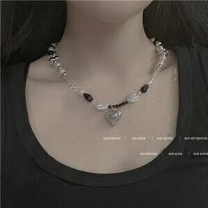 Silver Heart Knot Beaded Faux Pearls Pendant Necklace Boho Chic Classic